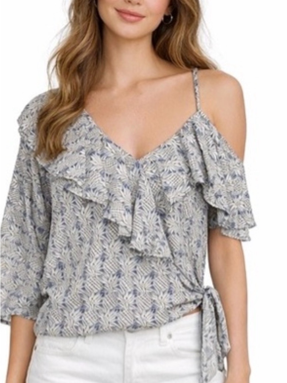 Mauve Blue & White Floral Cold-Shoulder Ruffle Tie Crop Top